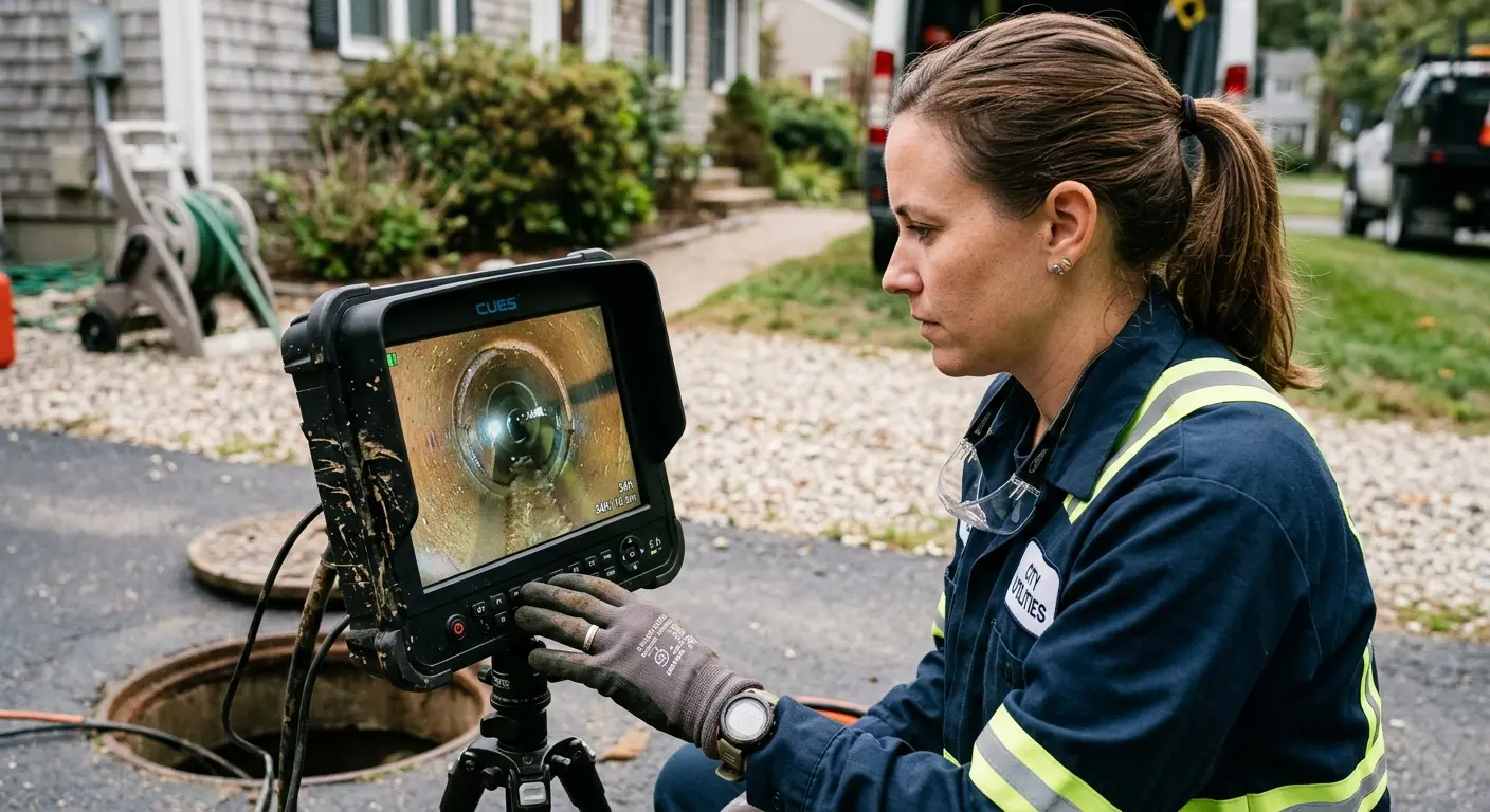 Technician reviewing sewer camera inspection footage in Port Huron