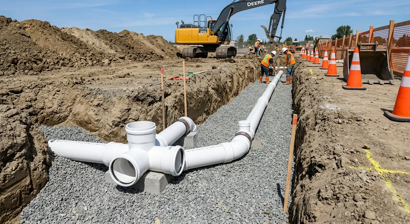 New PVC sewer pipe installation in open trench for Grease Trap Cleaning in Port Huron
