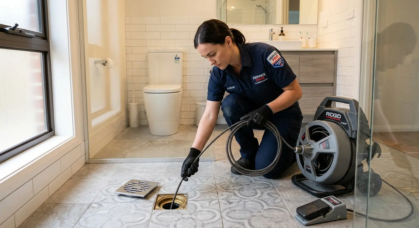 Technician clearing a bathroom floor drain for Drain Repair in Port Huron